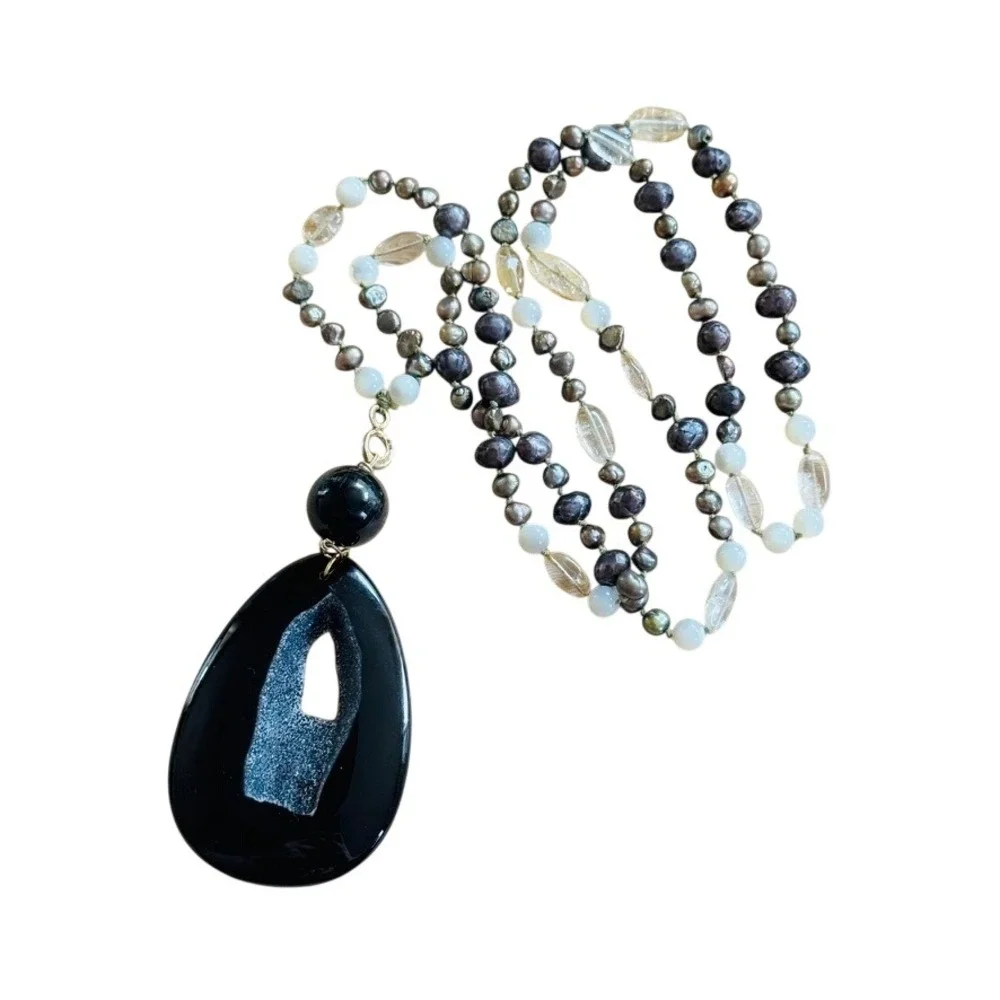 VTG‎ Y2K Pearl Druzy Onyx Citrine Necklace BOHO Artisan Mod Beaded OOAK 35